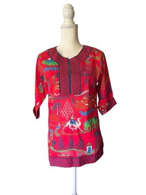 Gretchen Scott Designs Red Printed blouse with Multicolor Motifs